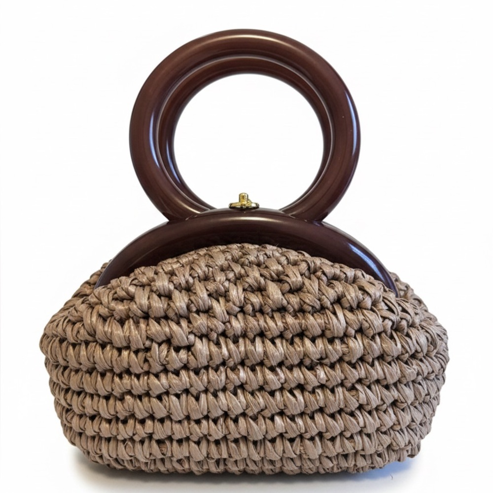 Woven Straw Clutch with Brown Ring Handle